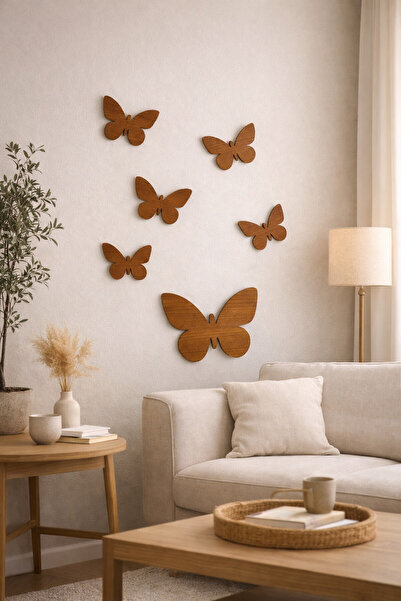 Mastella 6’lı Kahverengi Ahşap Kelebek Duvar Süsü | Modern Dekoratif Duvar Ak...
