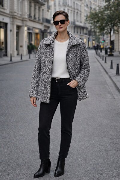 ZEYN ESTİLO Kadın Cep Detaylı Fermuarlı Mont Gri kırçıllı