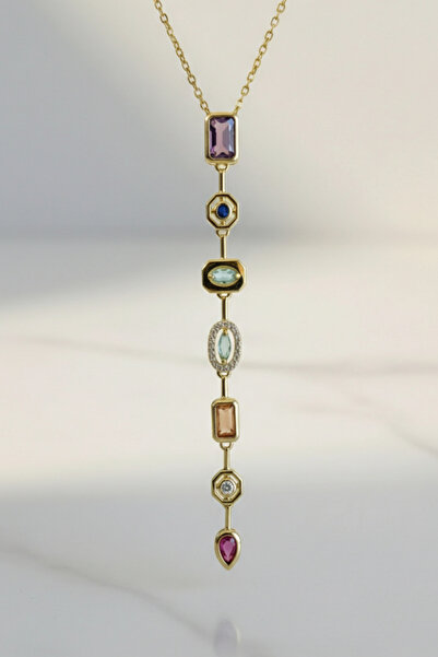 Birmem Kadın Kararmaz Çelik Çok Renkli Geometrik Taşlı Y Model Sallantı Kolye