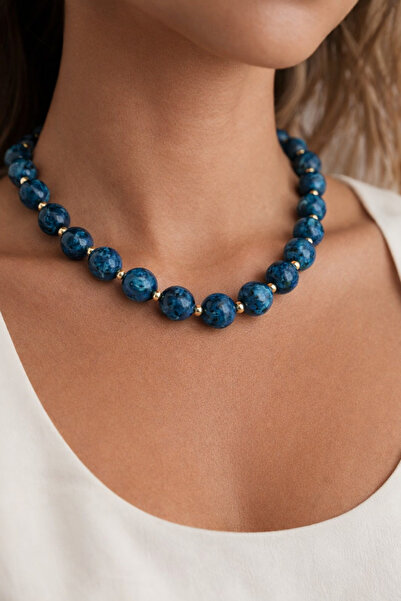 Feyz Tasarım Doğal Turkuaz Renkli Yuvarlak Kesim, Altın Kaplama Doğaltaş Koly...