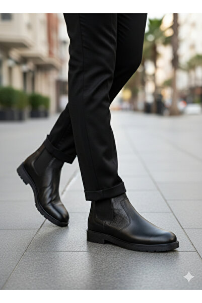 MAKRAS Cizme de iarnă pentru bărbați din piele naturală 100% negre