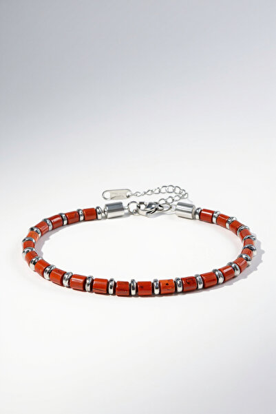 Men's Red Jasper & Hematite Natural Stone Steel Bracelet – 19+3cm Adjustable