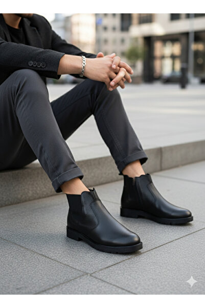 MAKRAS EXCLUSIVE حذاء رجالي كاجوال يومي من الجلد الطبيعي المرن باللون الأسود