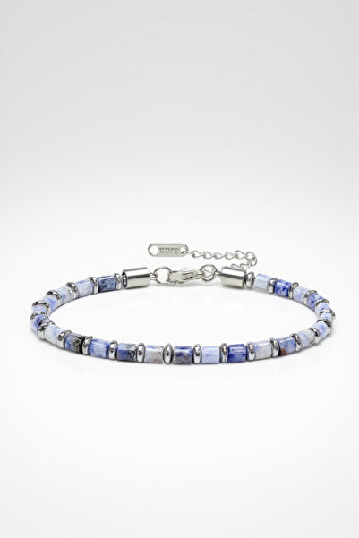 HERİF Aksesuar سوار رجالي من حجر الأفنتورين الأزرق والهيماتيت الفضي مقاس 19+3...