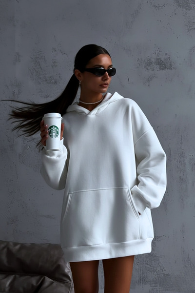 GUARAZ Beyaz Unısex Yumuşacık Kumaşlı Oversize Fit Ici Polarlı Kapüşonlu Swea...