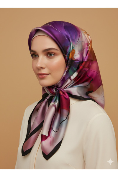 Picasso İpek Görünümlü Siyah-Fuşya Kristal Eşarp – Twill Şık Tasarım 90x90
