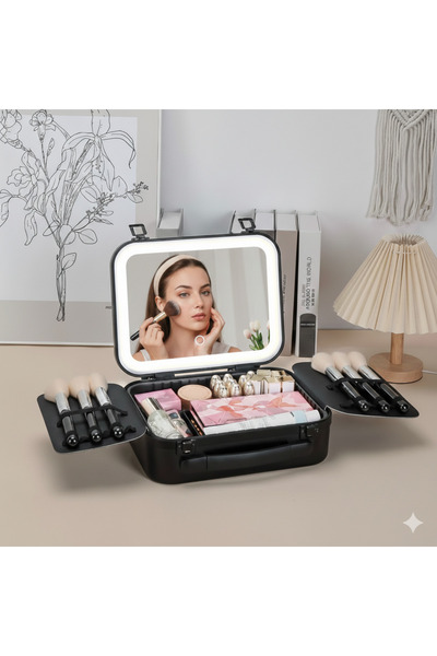 NiceLand Profesyonel Mega Boy Led Işıklı Aynalı Makyaj Çantası Metal - Siyah