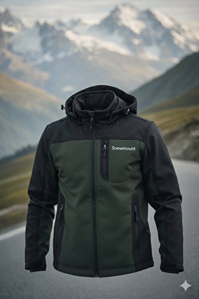 SNOWMOUNT Siyah Haki Renk Softshell Sök Tak Kapüşonlu Kışlık Polarlı Mont Ceket