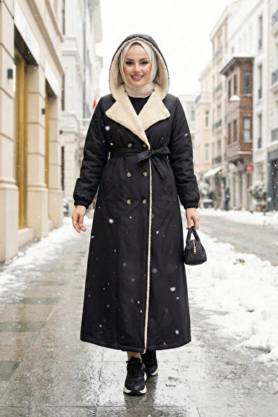 Hb Harma Time Butik Women's Black Coat with Fur Inside, Buttons, and Belt