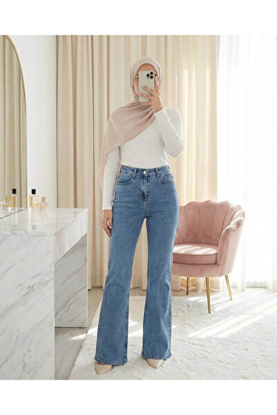 Modamorfo Flared L Stretch Fabric Zippered Jeans with Pockets - Ice Blue