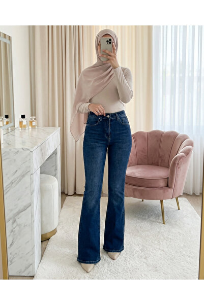 Modamorfo Flared L Stretch Fabric Zippered Jeans with Pockets - Indigo