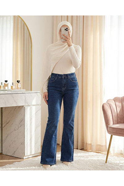 Modamorfo Flared L Stretch Fabric Zippered Jeans with Pockets - Dark Blue