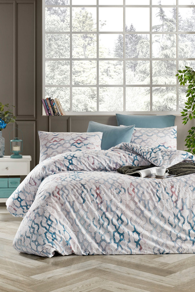 DemoHome Set lenjerie de pat dublu din bumbac satinat cu model - cearceaf pli...