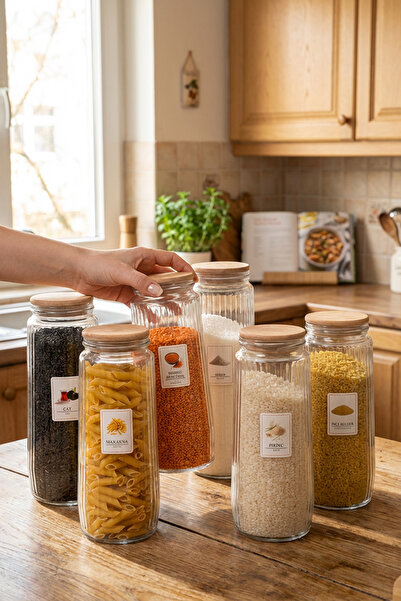Homekolik Set of 6 Glass Storage Containers with Wooden Lids and Labels – Lea...