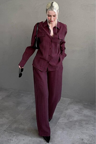 Madmext Burgundy Tensel Fabric Buttoned Women's Shirt Set Mg2621