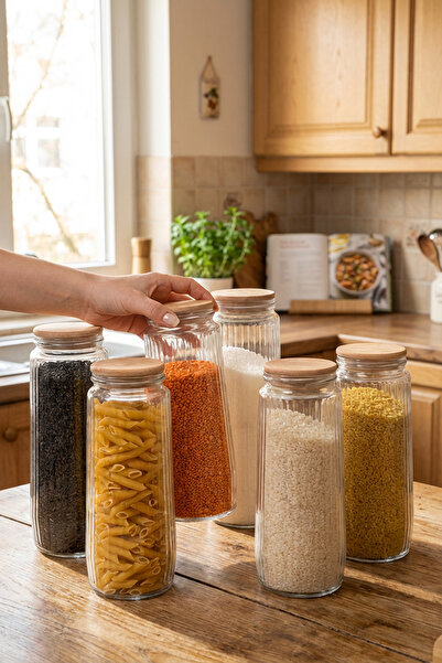 Homekolik مجموعة من 6 برطمانات زجاجية طويلة مع أغطية خشبية سعة 1500 مل - مجمو...