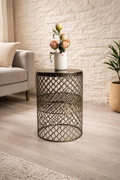 VENON Home Metal Modern Sehpa (350X480) Siyah Sarı Patine Dekoratif Sehpa Zig...