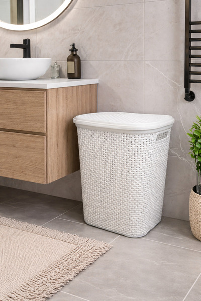 MURAT PLASTİK Laundry basket, with lid, Murat Plastik, 60 L, rattan type, dur...