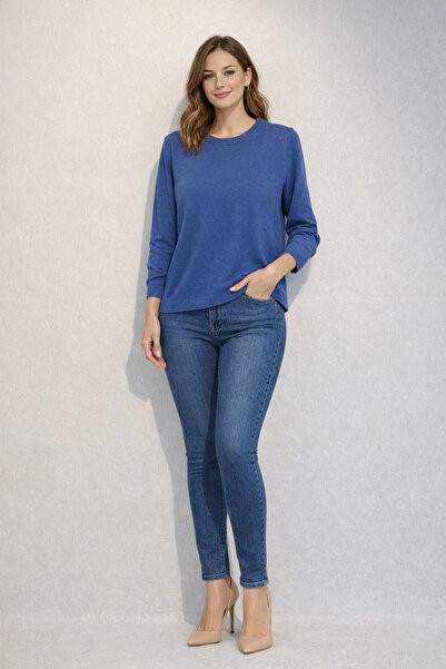 Desen Triko Γυναικείο πουλόβερ με λαιμόκοψη μπλε ναυτικό