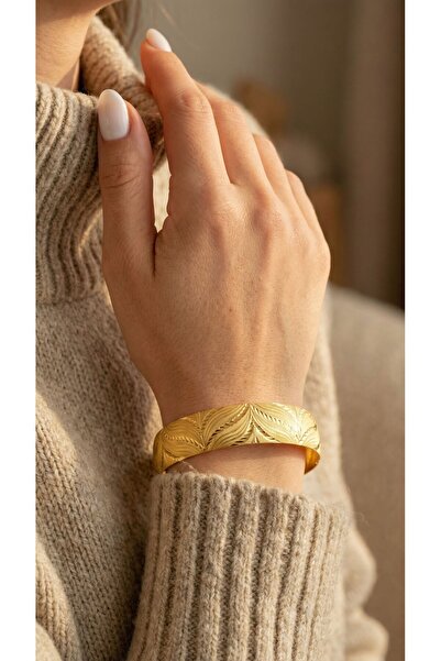 FerizZ 22 Ayar Altın Kaplama Desenli Bilezik 15 Mm Kalınlık