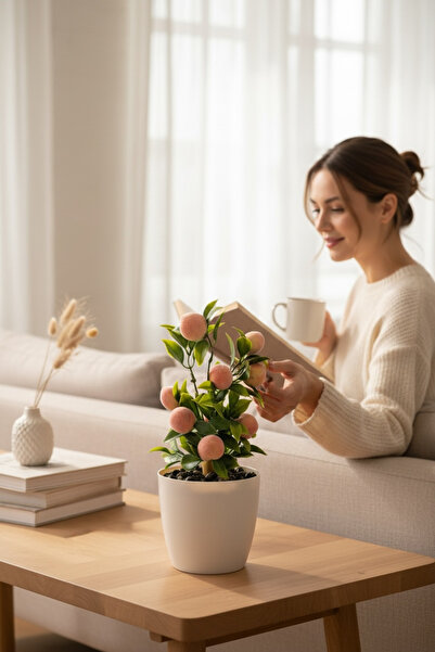 YAPAY ÇİÇEKÇİNİZ Beyaz Plastik Saksıda Bambu Gövdeli Yapay Şeftali Ağacı 25 Cm