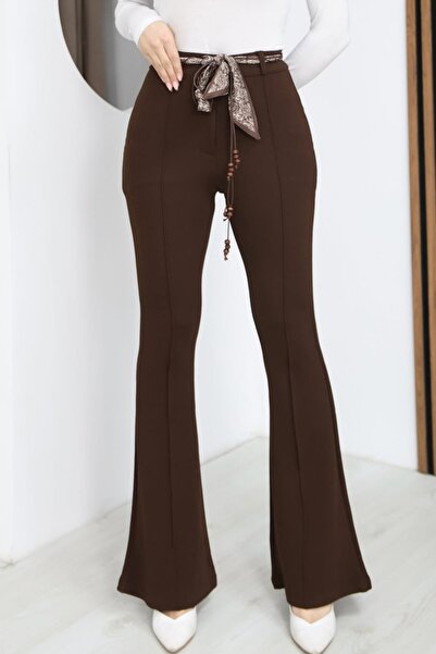 Safgiyim44 Brown Slim Fit Flared Belt Detail Trousers