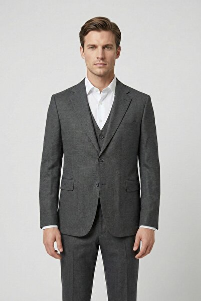 Sabri Özel Giotelli Antrasit Slim Fit Mono Yaka Yelekli Takım Elbise