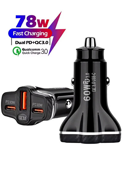 Ally PD62 2xType-C + USB 78W Araç Çakmaklik Hizli Sarj Aleti Araç Sarji SIYAH