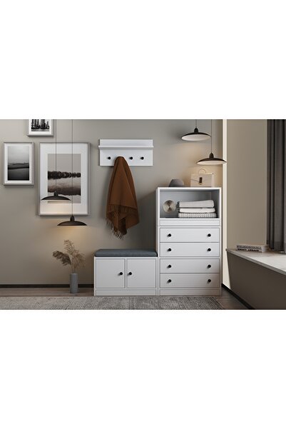 Nettrends Puflu Raflı Askılıklı Çekmeceli Beyaz Vestiyer Çıtasız 130 Cm Vst-1...