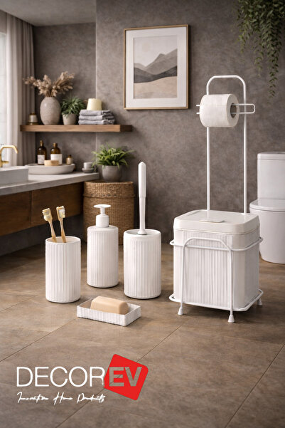 decorev 6'lı Kare Beyaz Banyo Seti Metal Standlı 5 Litre Tuvalet Wc Kağıtlık Seti