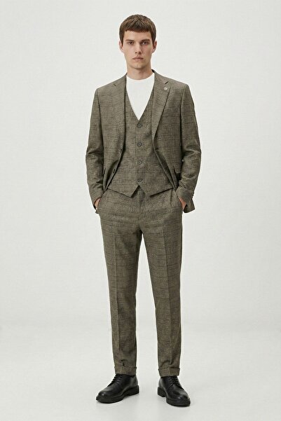 Sabri Özel Giotelli Kahve Slim Fit Ekose Desenli Mono Yaka Yelekli Takım Elbise