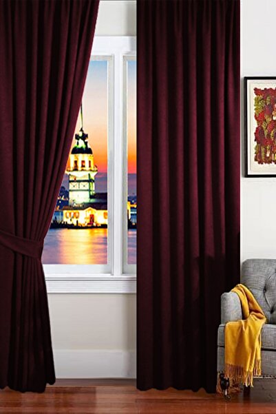 İ.D İpek Dokuma ستارة خلفية من القماش المخملي باللون العنابي بدون طيات وشفرة ...