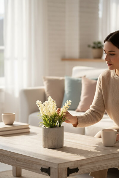 YAPAY ÇİÇEKÇİNİZ باقة لافندر صناعية باللون الأبيض في وعاء خرساني رمادي