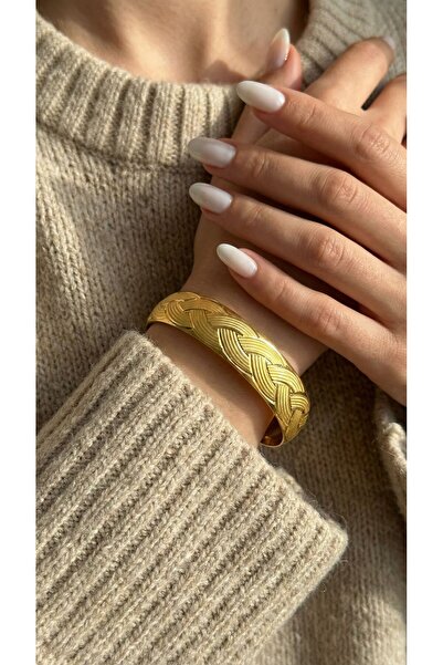 FerizZ Altın Kaplama Örgü Desenli Bilezik 1.5 cm Kalınlık - 7.0 Boy