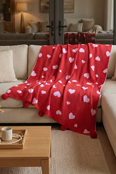 Sevim Heart Knitted Blanket – with Pompoms, Double-Sided, Soft, Valentine's D...