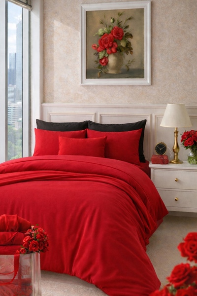 İQON Flat Sheet Duvet Cover Set 100% Cotton Single Size Red-Black