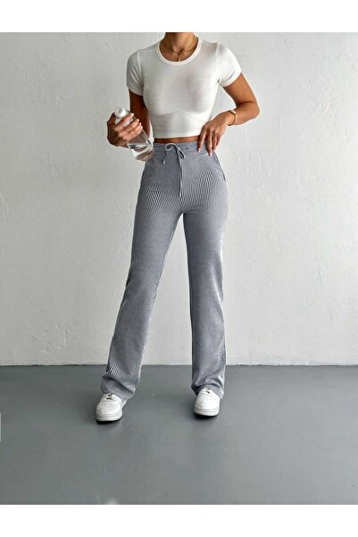 PUCKA FASHION Pucka Çizgi Su Yolu Yüksek Bel Likralı Rahat Kalıp Pantolon