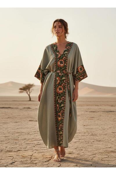 Su Koleksiyon قفطان روزماري من قماش الموسلين باللون الأخضر