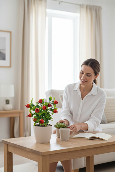 YAPAY ÇİÇEKÇİNİZ شجرة رمان صناعية مع جذع خيزران في وعاء بلاستيك أبيض 25 سم