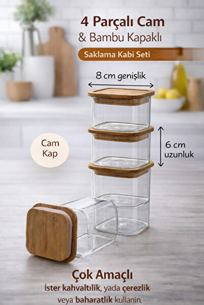 nagihome 4'lü Bambu Vakumlu Kare Kapaklı Cam Kahvaltılık Çok Amaçlı Borosilik...
