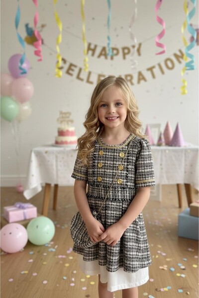 Hilal Akıncı Kids Girl's Fabric Gold Buttoned Skirt Lined Tutu Dress Bag Hair...