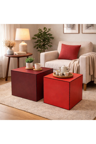 MK Design KIRMIZI VE BORDO Küp kare yan sehpa - orta sehpa - konsept sehpa mo...