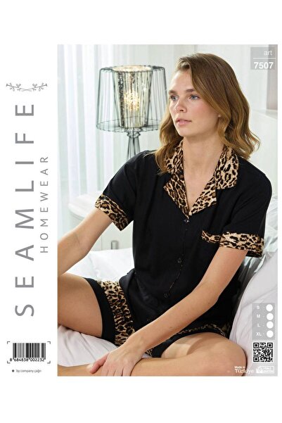 seamlife Set de pijamale pentru femei, cu mâneci scurte, cu nasturi în față