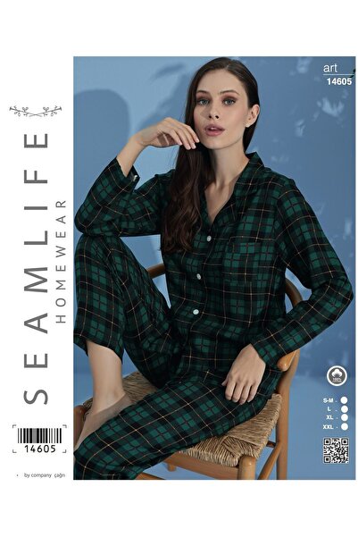 seamlife Ženska zelena Karirano dugih rukava Tkano komplet pidžama