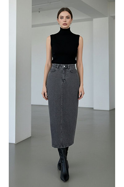 Dema Šedá džínová sukně s vysokým pasem a délkou ke kotníkům – vhodná pro mus...
