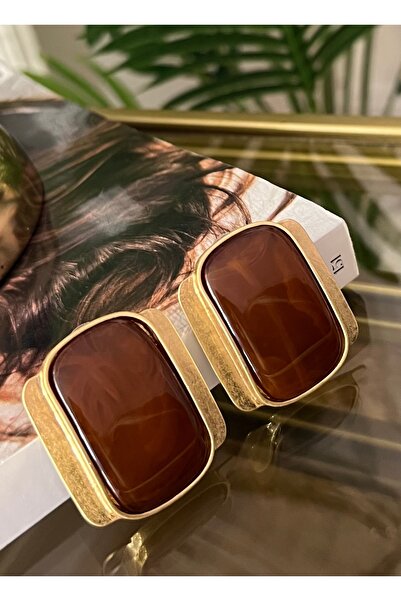 Dore Kahverengi Mineli Dikdörtgen Form Gold Çelik Küpe-Şık & Modern Tasarım