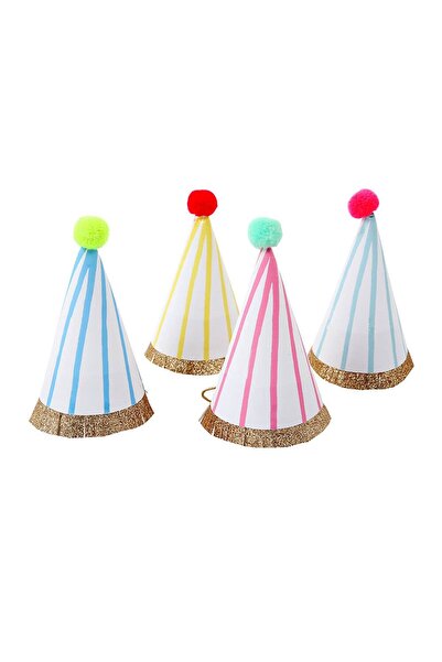 Meri Meri - Stripe & Pompom Mini Party Hats - Çizgili & Ponponlu Mini Parti Ş...