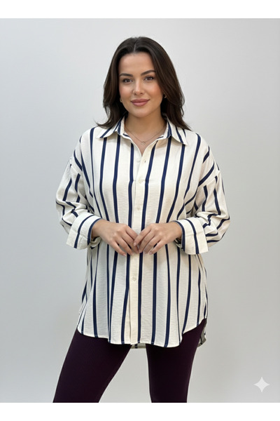 Mess Trend Tarzınla Fark Yarat Lacivert Çizgili Krem Gömlek