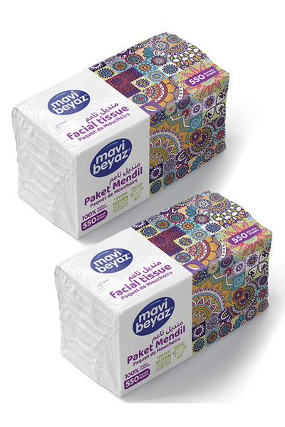 Mavi beyaz Paket Mendil 550 Yaprak x 2 Paket = 1100 Yaprak 100% selüloz