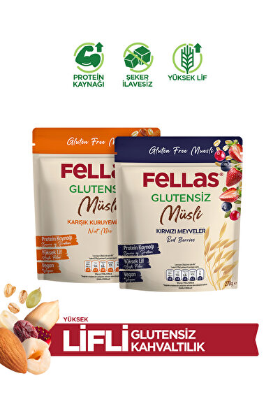 Fellas Glutensiz Müsli 2'li - Karışık Kuruyemişli (270 g) + Kırmızı Meyveli (...